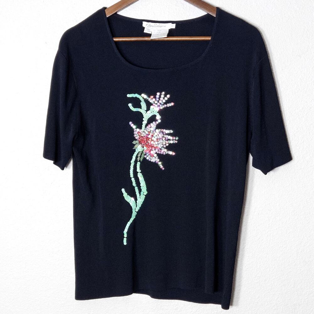 Belldini Black Beaded Floral Top Size XL Artsy Boho Romantic Whimsy